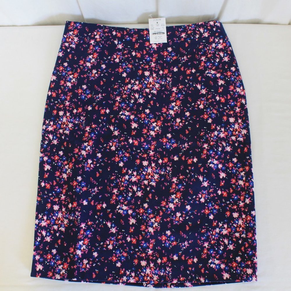 J crew Sateen Pencil Skirt Navy Multi NWT